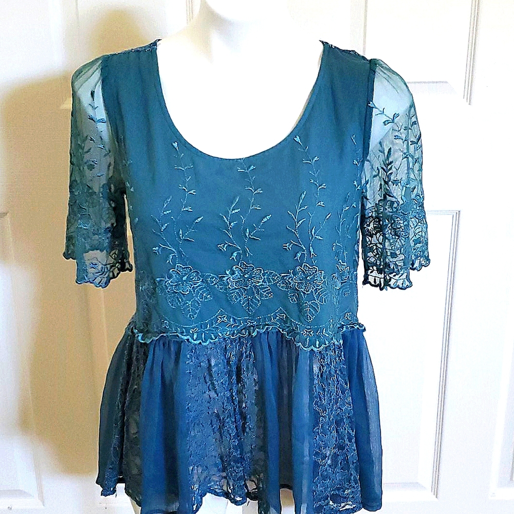 Free People Size M Teal Lace Semi Sheer Top